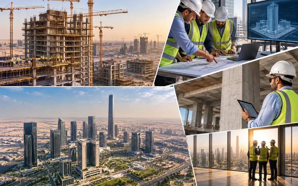Engineers reviewing high-rise construction drawings in the New Capital