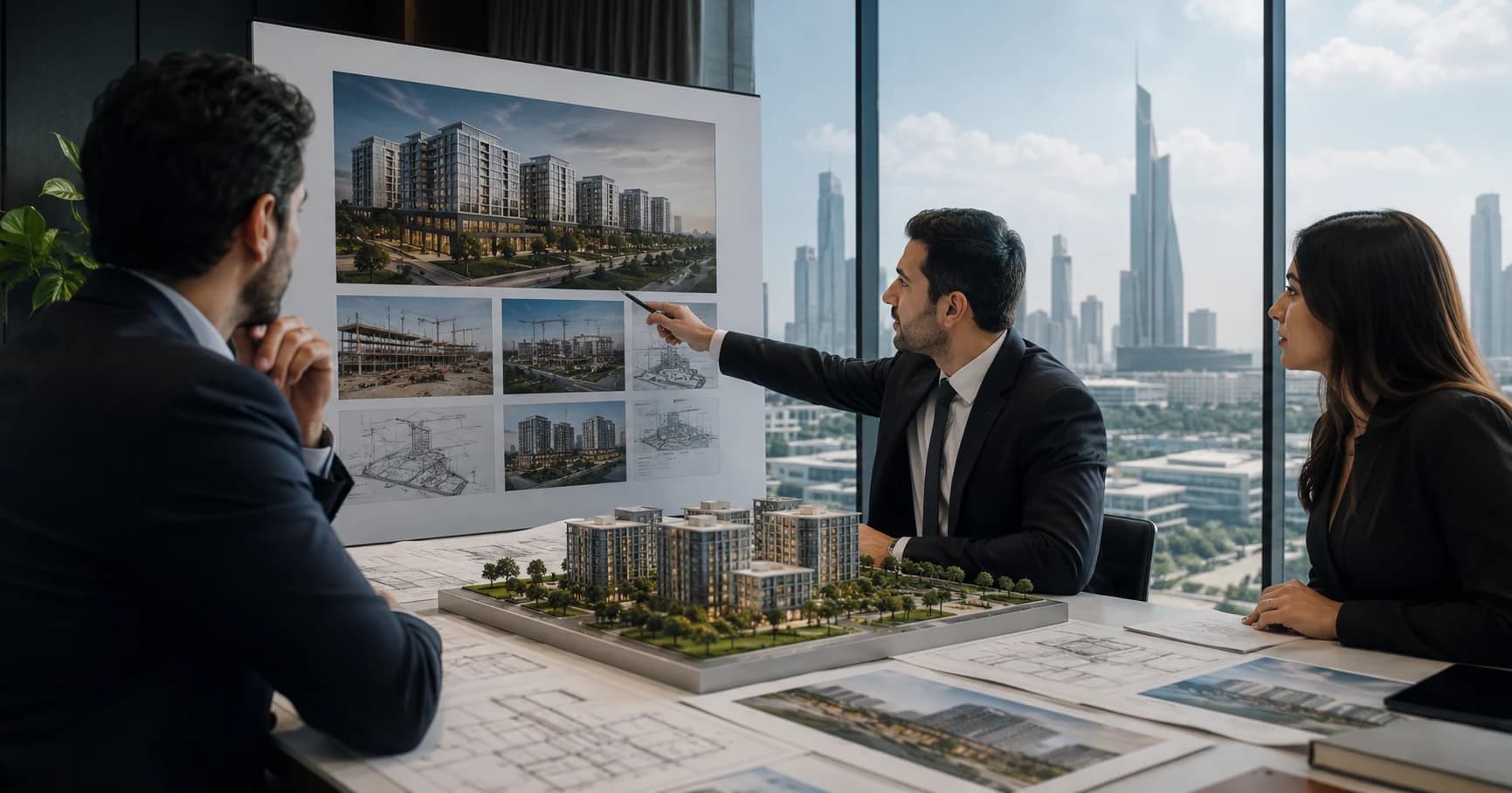 Team evaluating a real estate developer with model, plans, and a project board