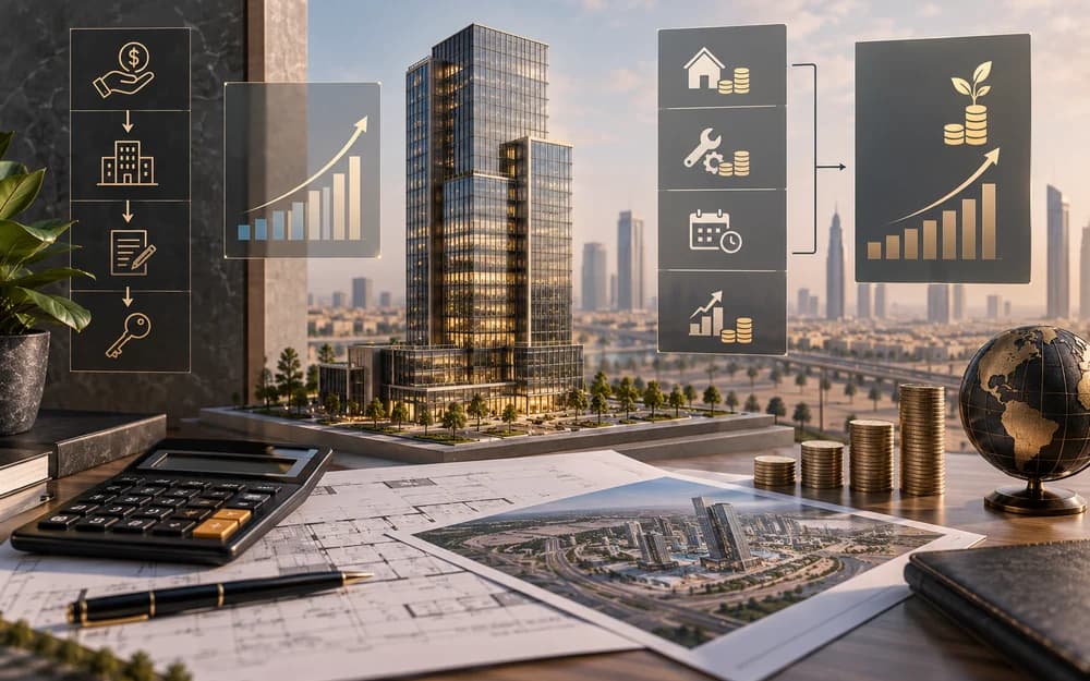 Property investment analysis with charts, calculator and New Capital skyline