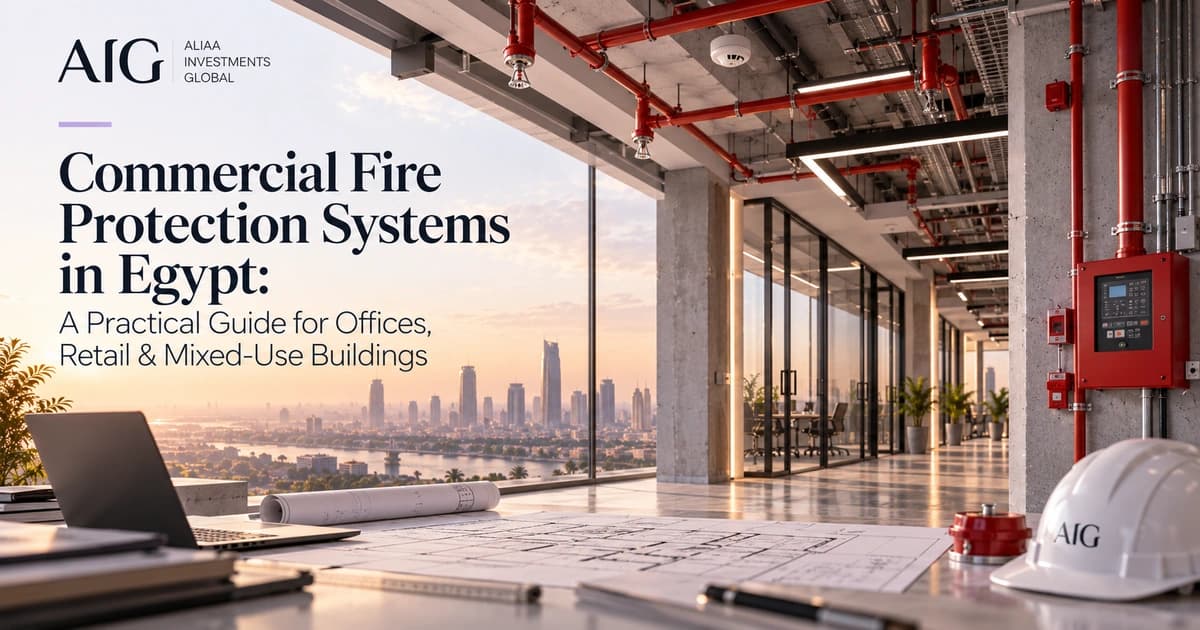 AIG editorial cover showing fire protection piping, sprinklers and a building fire alarm control panel