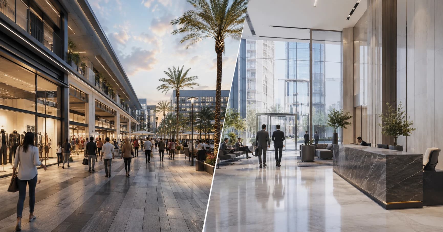 Split image comparing a retail promenade and office lobby in the New Capital