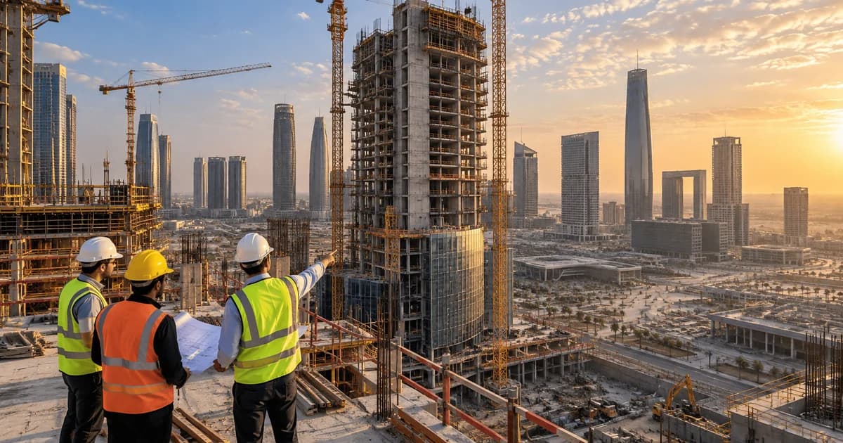 High-rise construction site in Egypt's New Capital with engineers reviewing execution progress