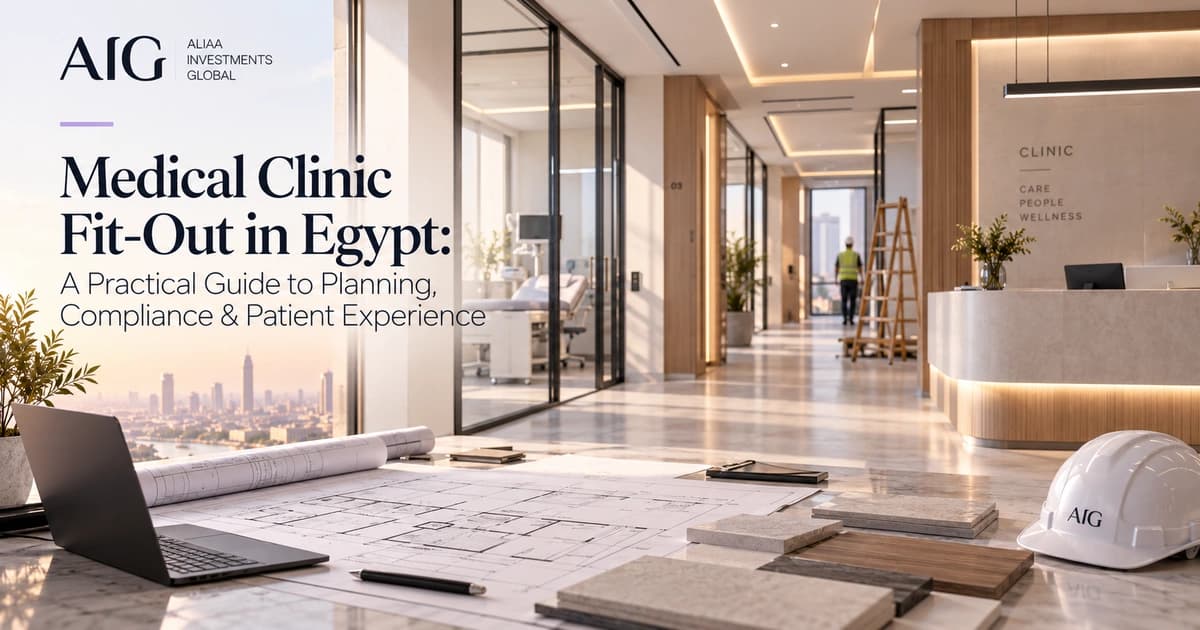 AIG editorial cover depicting a modern medical clinic reception, examination rooms and fit-out plans