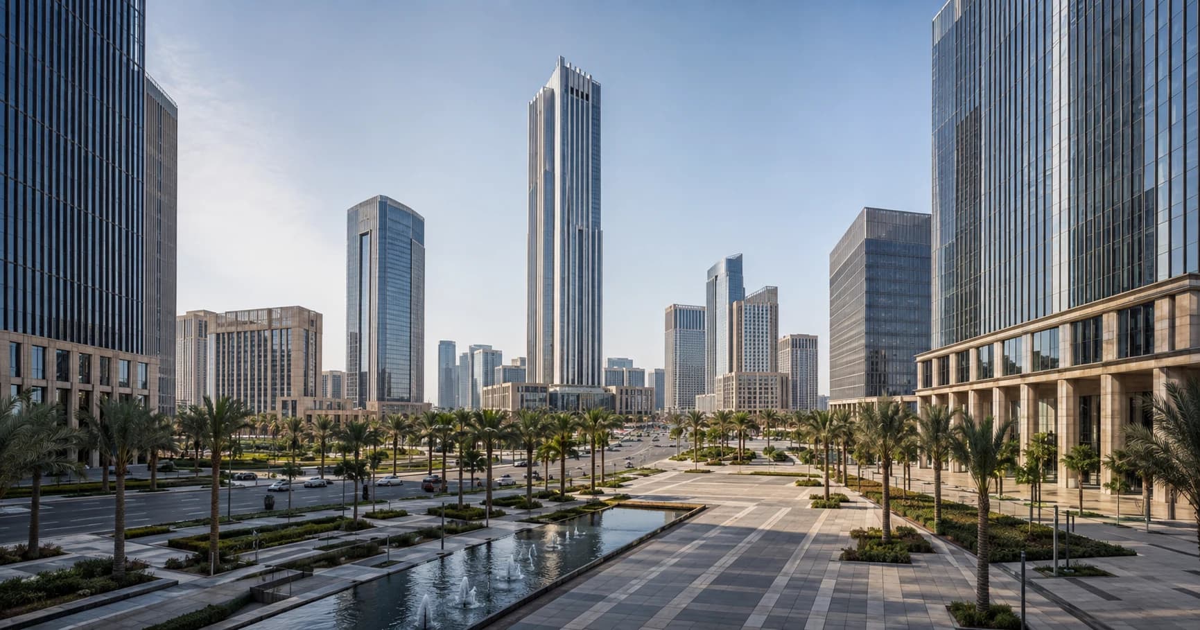 Palm-lined New Capital CBD skyline with modern office towers