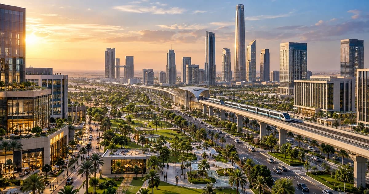 New Capital skyline with transit, landscaped boulevards and connected urban infrastructure