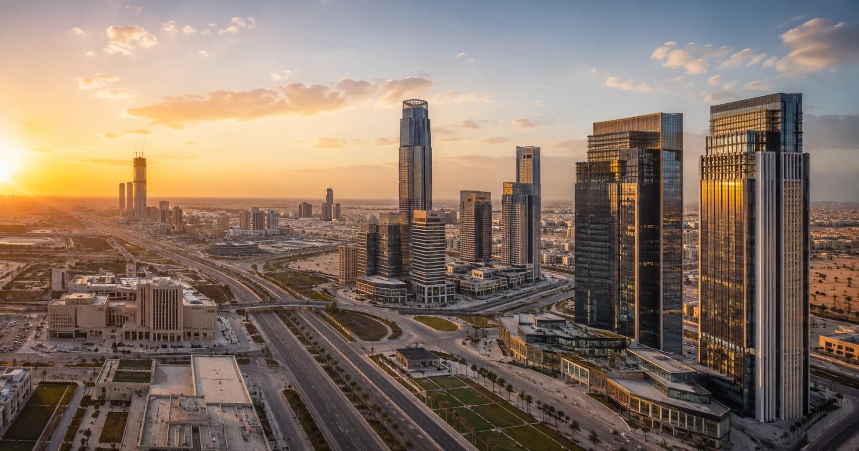 Aerial skyline view of Egypt’s New Administrative Capital at sunset