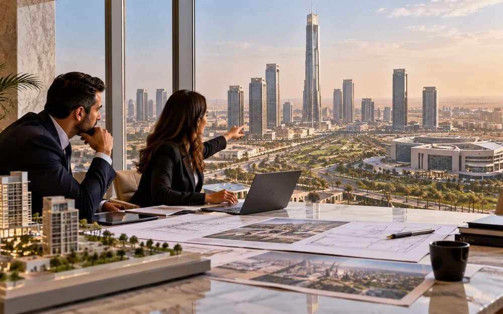 Investor strategy session overlooking the New Capital skyline