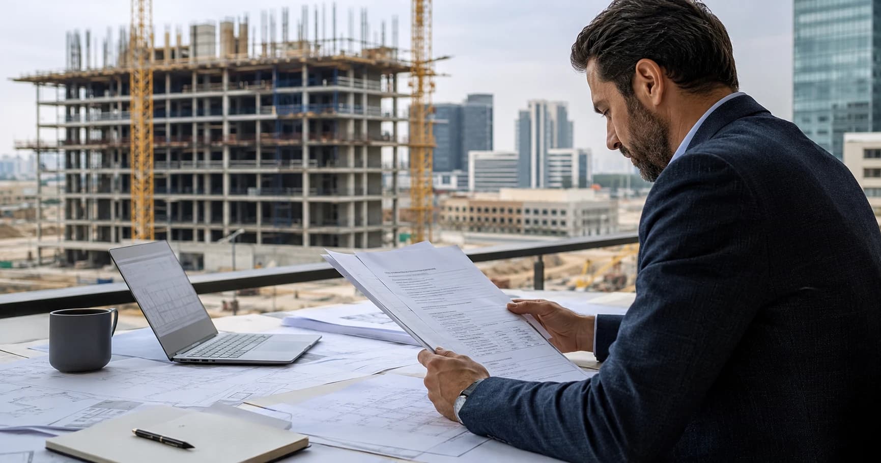 Investor reviewing real estate documents beside an active construction site